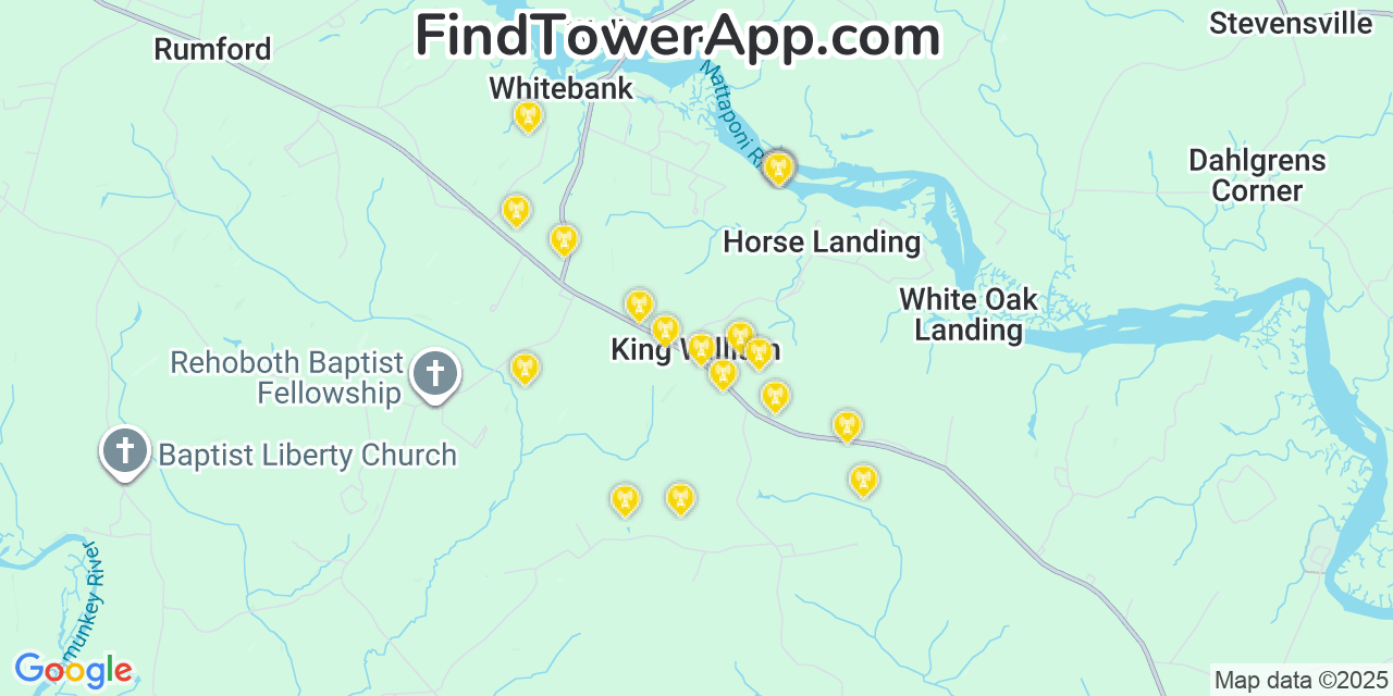Map showing the 20 primary cell tower locations detected in King William, Virginia from AT&T, Verizon, and T-Mobile networks