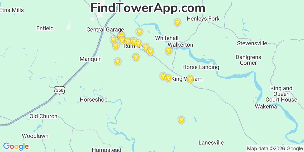 Map showing the 20 primary cell tower locations detected in King William, Virginia from AT&T, Verizon, and T-Mobile networks