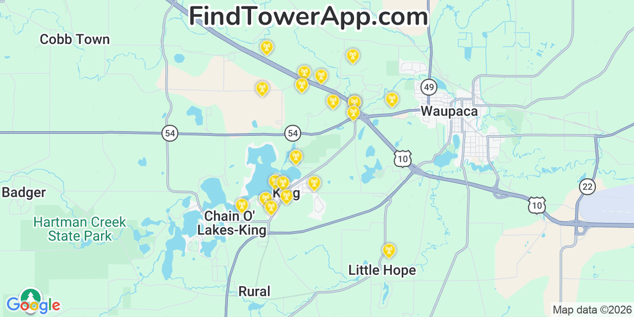 Map showing the 20 primary cell tower locations detected in King, Wisconsin from AT&T, Verizon, and T-Mobile networks