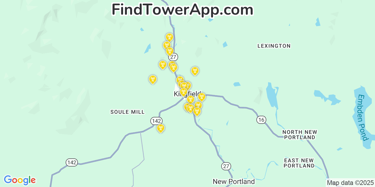 Map showing the 20 primary cell tower locations detected in Kingfield, Maine from AT&T, Verizon, and T-Mobile networks