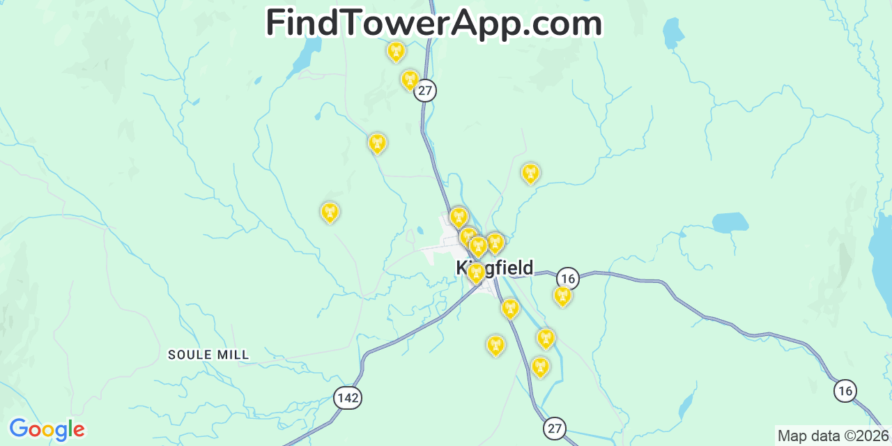 Map showing the 20 primary cell tower locations detected in Kingfield, Maine from AT&T, Verizon, and T-Mobile networks