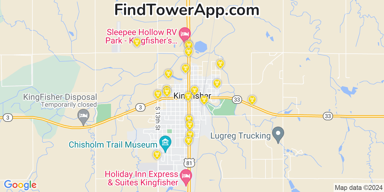 AT&T 4G/5G cell tower coverage map Kingfisher, Oklahoma