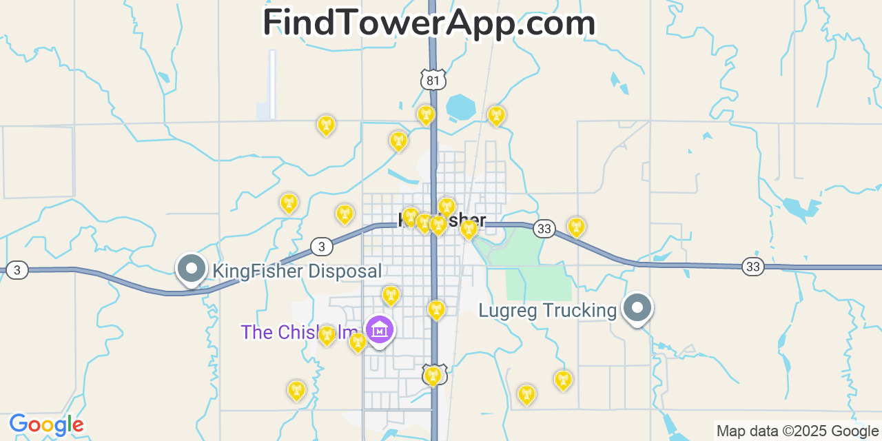 Map showing the 20 primary cell tower locations detected in Kingfisher, Oklahoma from AT&T, Verizon, and T-Mobile networks