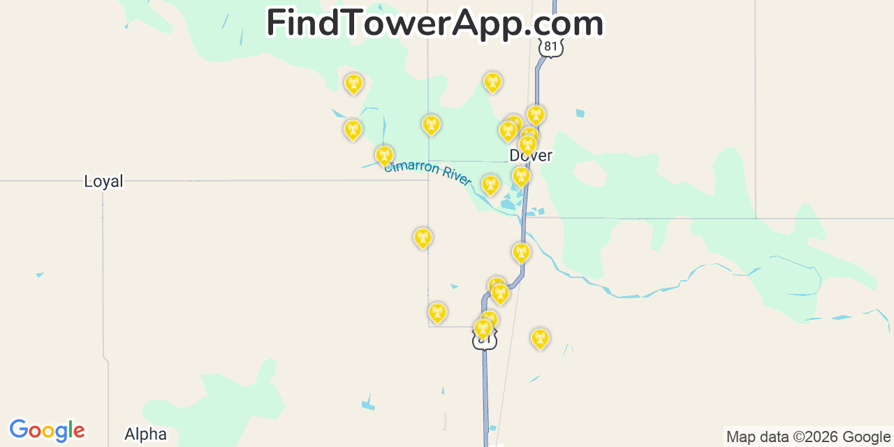Map showing the 20 primary cell tower locations detected in Kingfisher, Oklahoma from AT&T, Verizon, and T-Mobile networks