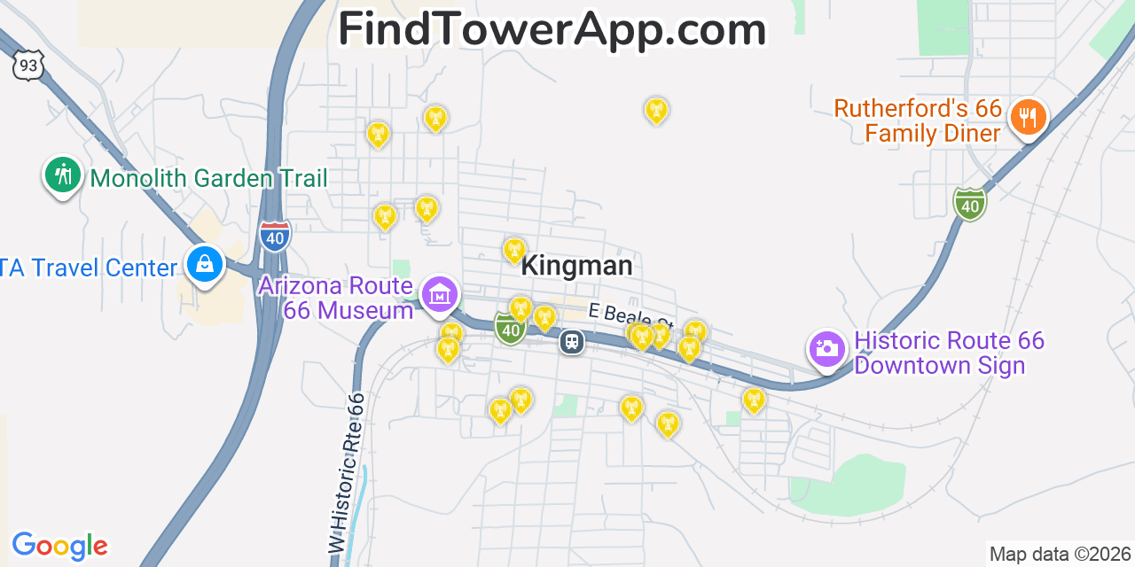 Map showing the 20 primary cell tower locations detected in Kingman, Arizona from AT&T, Verizon, and T-Mobile networks