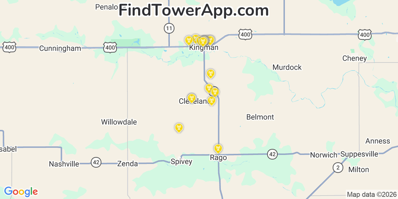 Map showing the 20 primary cell tower locations detected in Kingman, Kansas from AT&T, Verizon, and T-Mobile networks