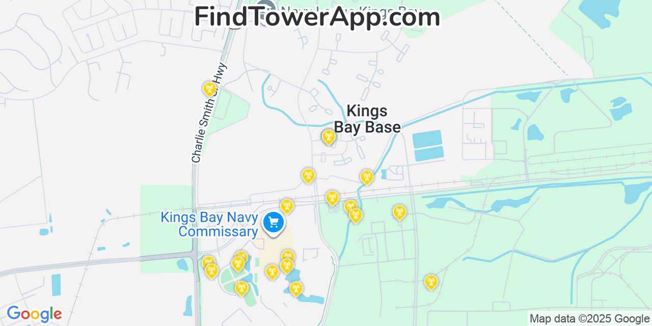 Map showing the 20 primary cell tower locations detected in Kings Bay Base, Georgia from AT&T, Verizon, and T-Mobile networks
