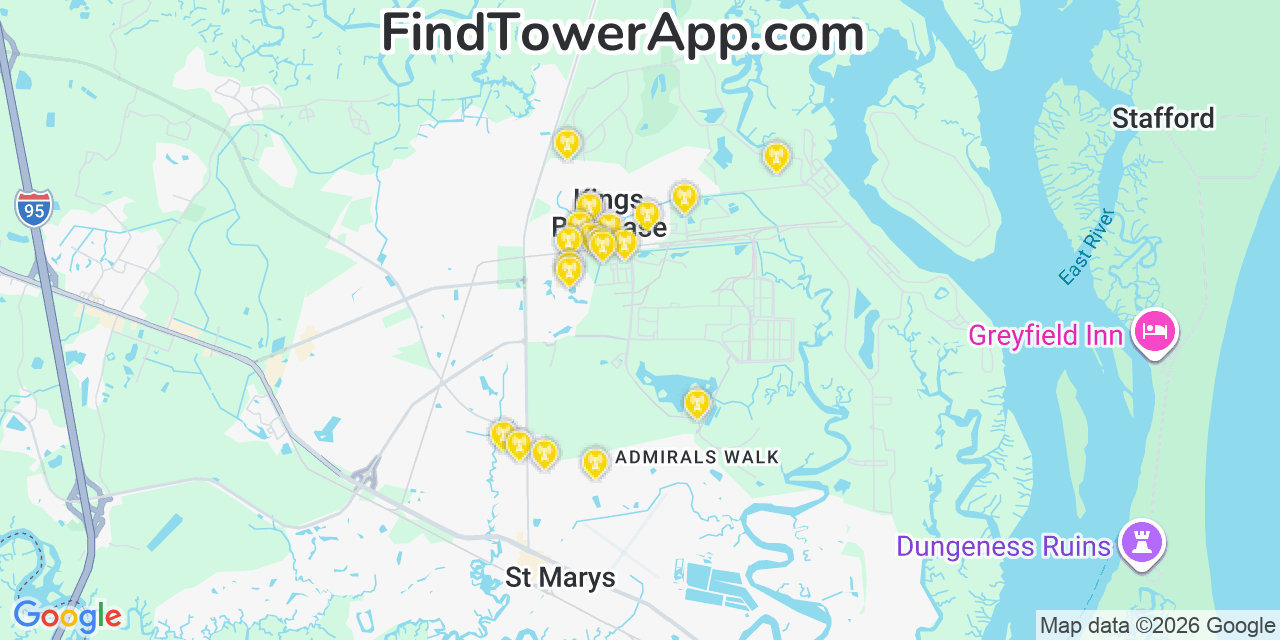 Map showing the 20 primary cell tower locations detected in Kings Bay Base, Georgia from AT&T, Verizon, and T-Mobile networks