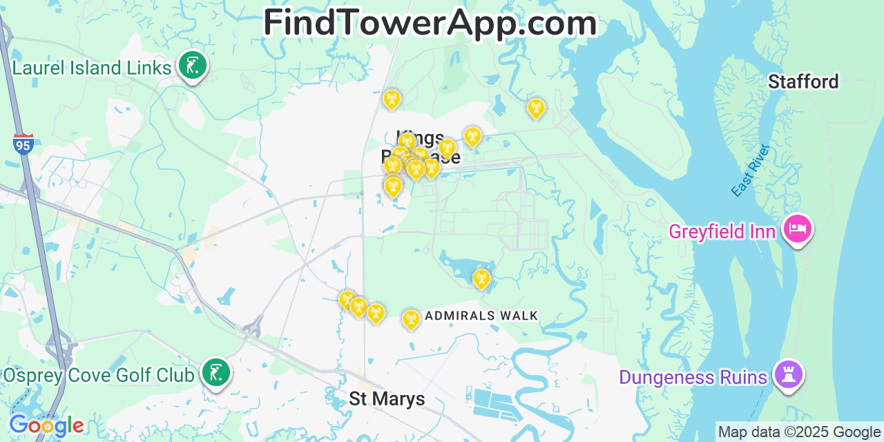 Map showing the 20 primary Mobitel cell tower locations detected in Kings Bay Base, Georgia with coverage radius and signal strength indicators