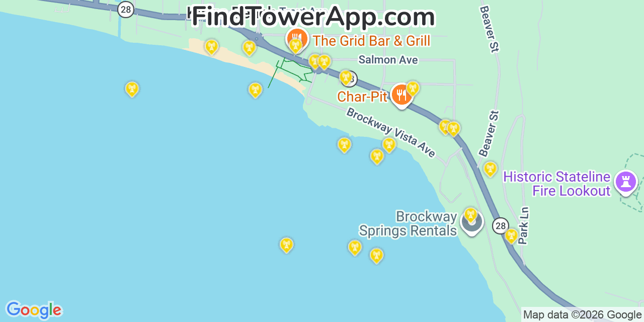 Map showing the 20 primary cell tower locations detected in Kings Beach, California from AT&T, Verizon, and T-Mobile networks