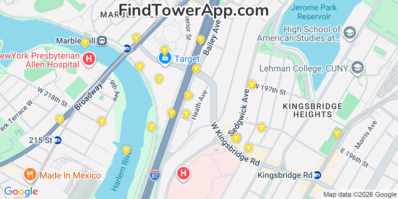 Map showing the 20 primary cell tower locations detected in Kings Bridge, New York from AT&T, Verizon, and T-Mobile networks