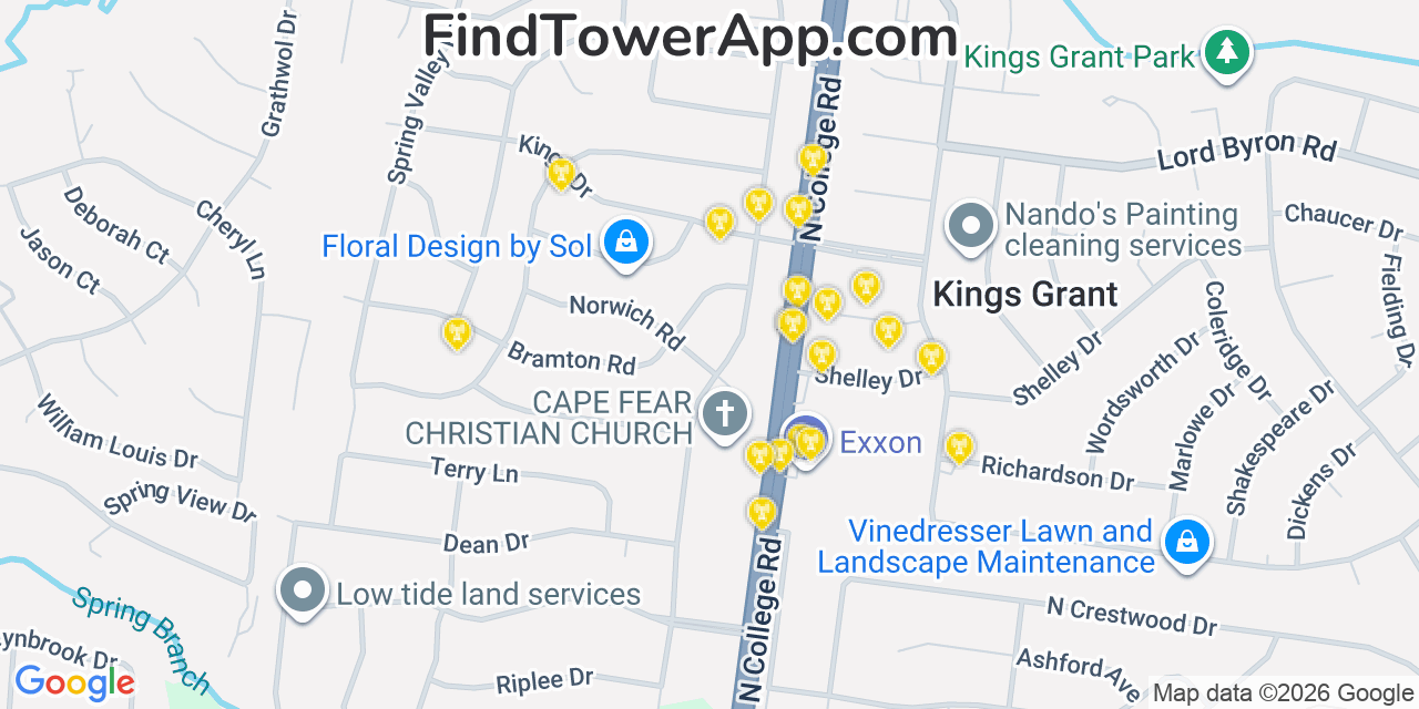 Map showing the 20 primary cell tower locations detected in Kings Grant, North Carolina from AT&T, Verizon, and T-Mobile networks