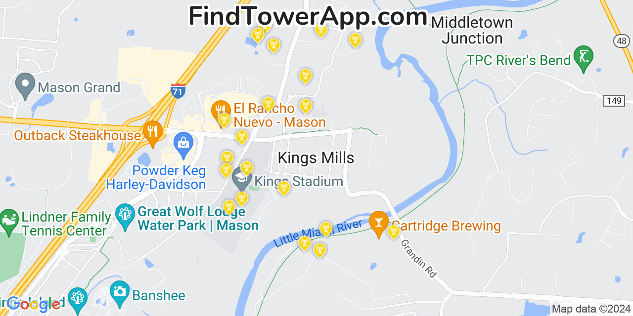 AT&T 4G/5G cell tower coverage map Kings Mills, Ohio