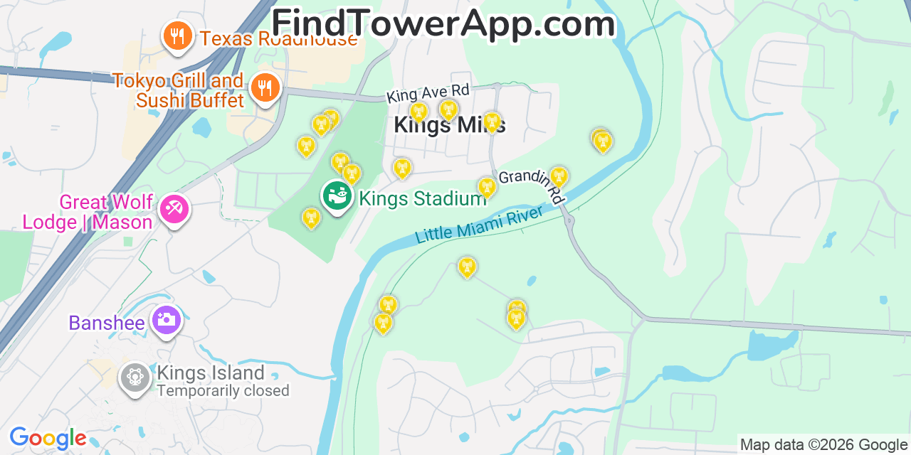 Map showing the 20 primary cell tower locations detected in Kings Mills, Ohio from AT&T, Verizon, and T-Mobile networks