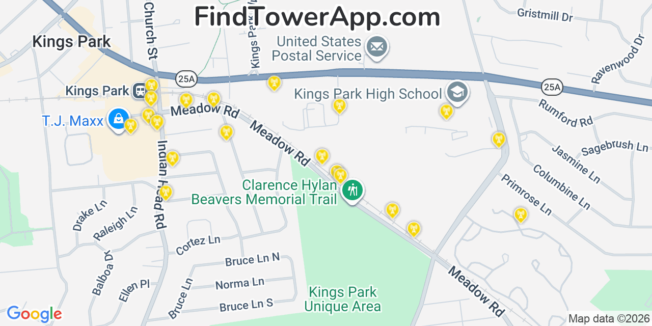 Map showing the 20 primary cell tower locations detected in Kings Park, New York from AT&T, Verizon, and T-Mobile networks