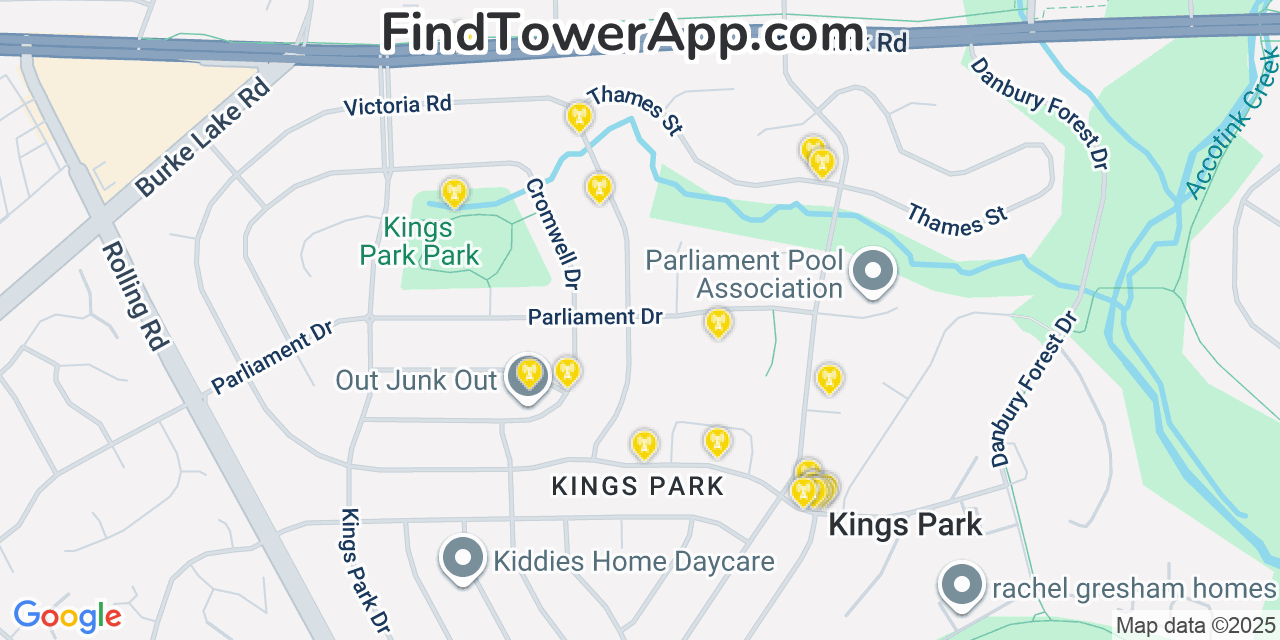 Map showing the 20 primary cell tower locations detected in Kings Park, Virginia from AT&T, Verizon, and T-Mobile networks