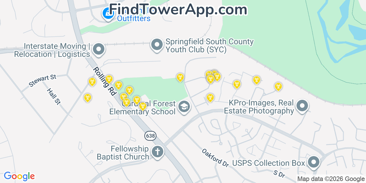 Map showing the 20 primary cell tower locations detected in Kings Park, Virginia from AT&T, Verizon, and T-Mobile networks