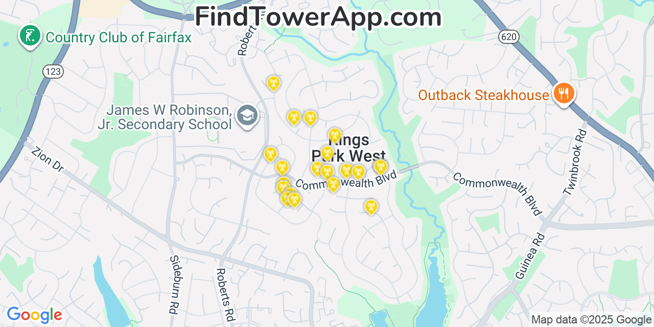 Map showing the 20 primary cell tower locations detected in Kings Park West, Virginia from AT&T, Verizon, and T-Mobile networks