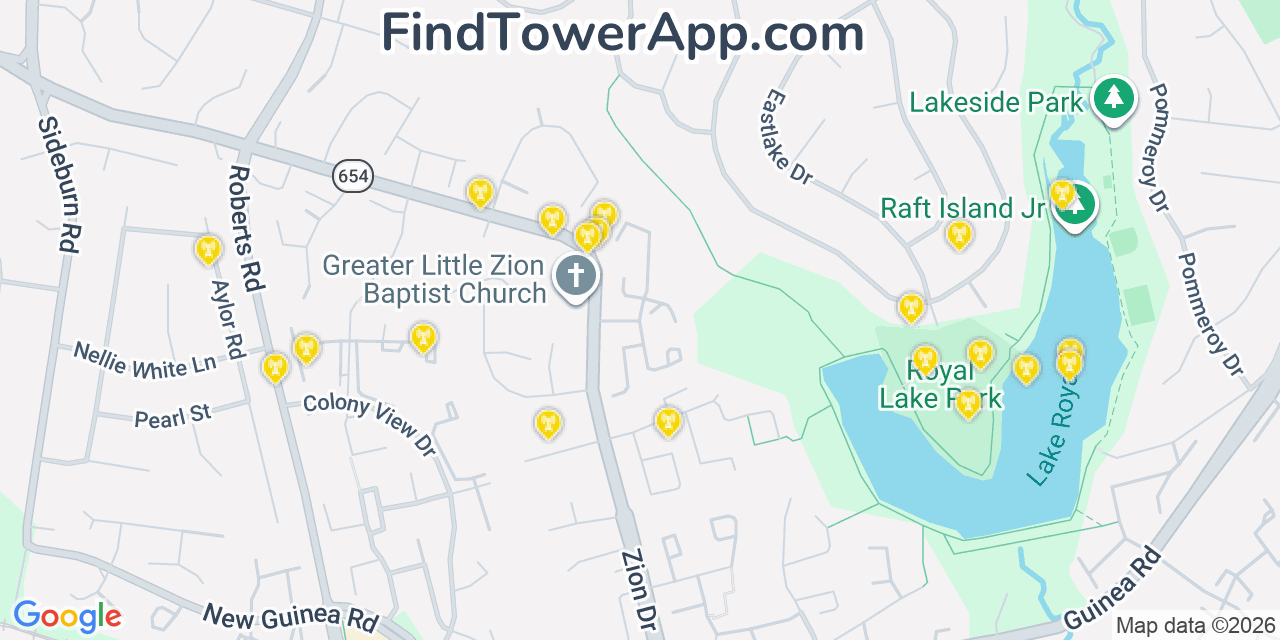 Map showing the 20 primary cell tower locations detected in Kings Park West, Virginia from AT&T, Verizon, and T-Mobile networks
