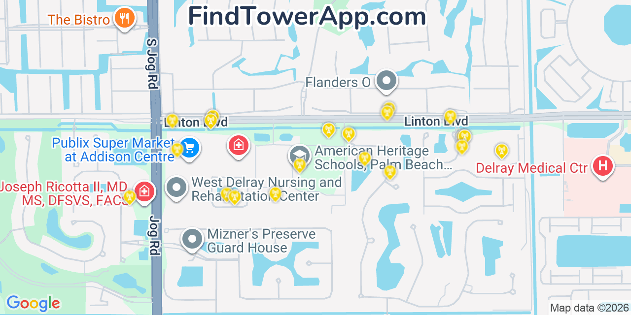 Map showing the 20 primary cell tower locations detected in Kings Point, Florida from AT&T, Verizon, and T-Mobile networks