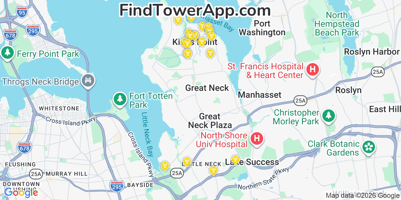 Map showing the 20 primary cell tower locations detected in Kings Point, New York from AT&T, Verizon, and T-Mobile networks