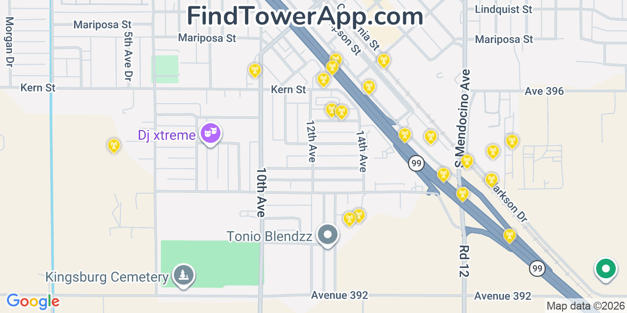 Map showing the 20 primary cell tower locations detected in Kingsburg, California from AT&T, Verizon, and T-Mobile networks