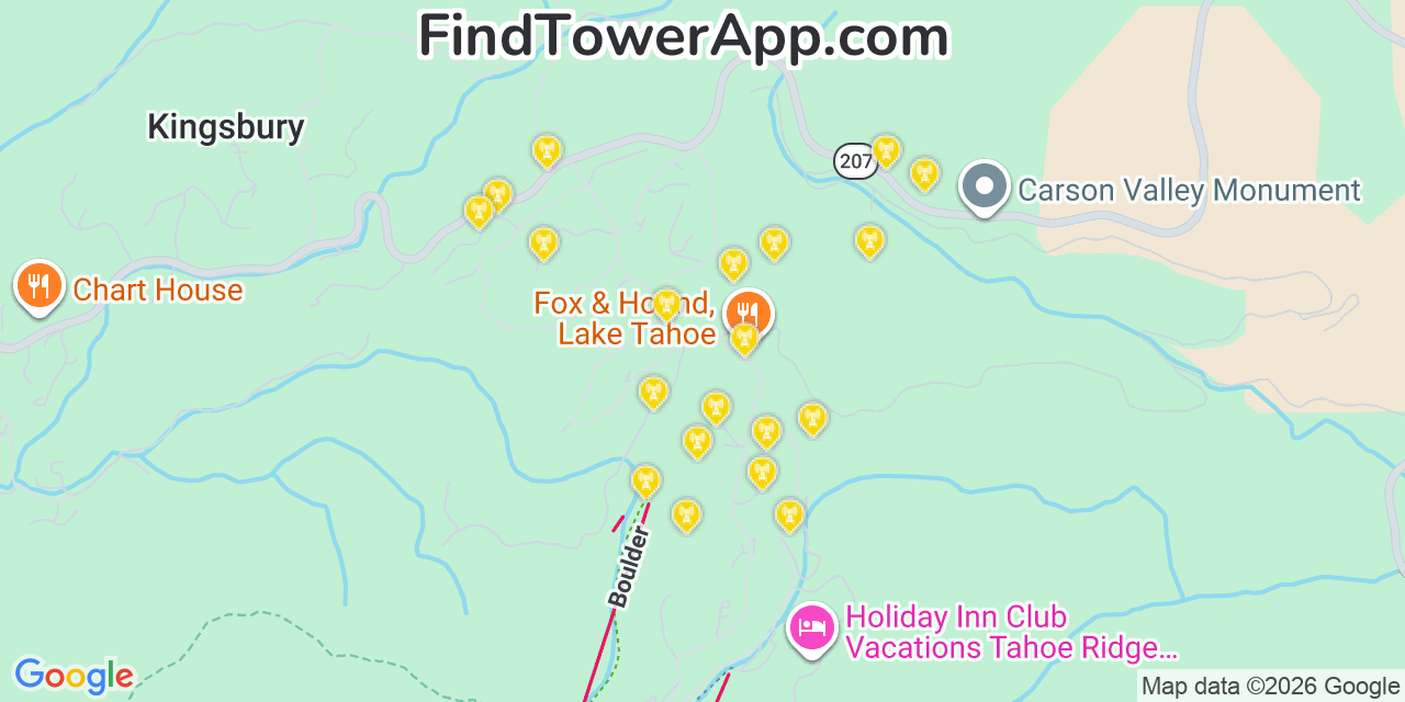 Map showing the 20 primary cell tower locations detected in Kingsbury, Nevada from AT&T, Verizon, and T-Mobile networks