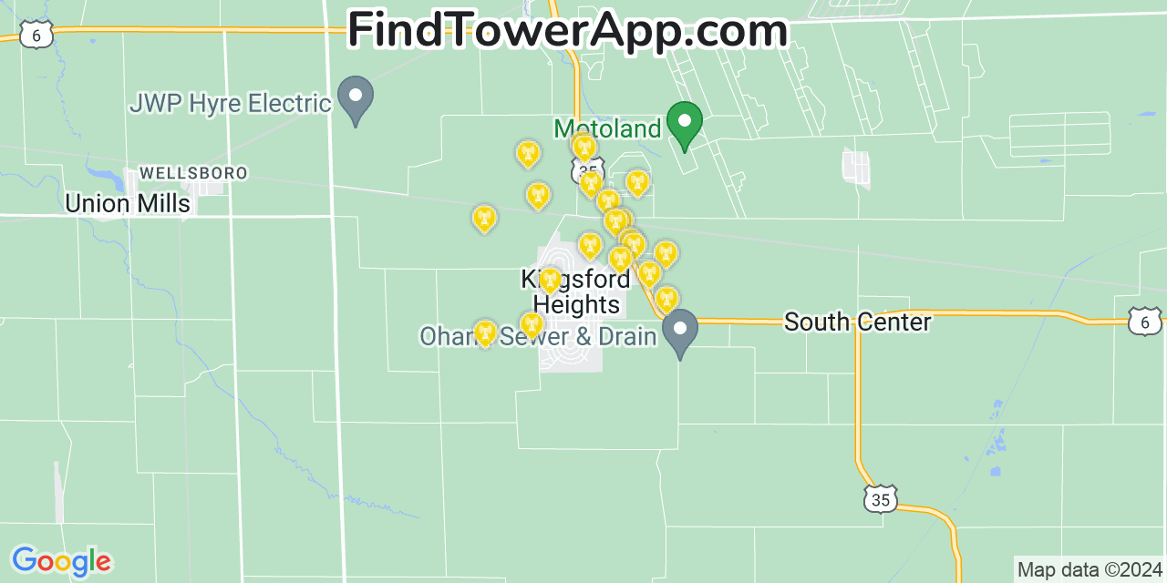 AT&T 4G/5G cell tower coverage map Kingsford Heights, Indiana