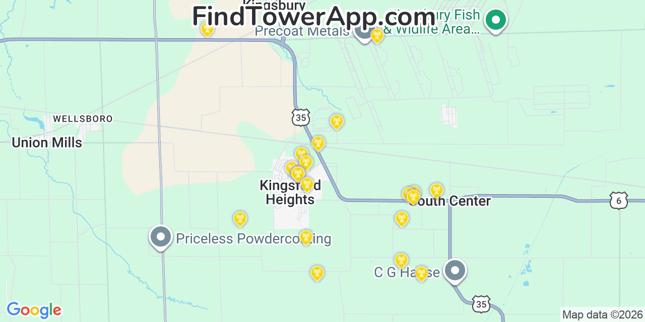 Map showing the 20 primary cell tower locations detected in Kingsford Heights, Indiana from AT&T, Verizon, and T-Mobile networks