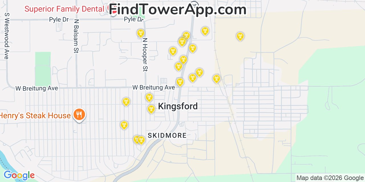 Map showing the 20 primary cell tower locations detected in Kingsford, Michigan from AT&T, Verizon, and T-Mobile networks