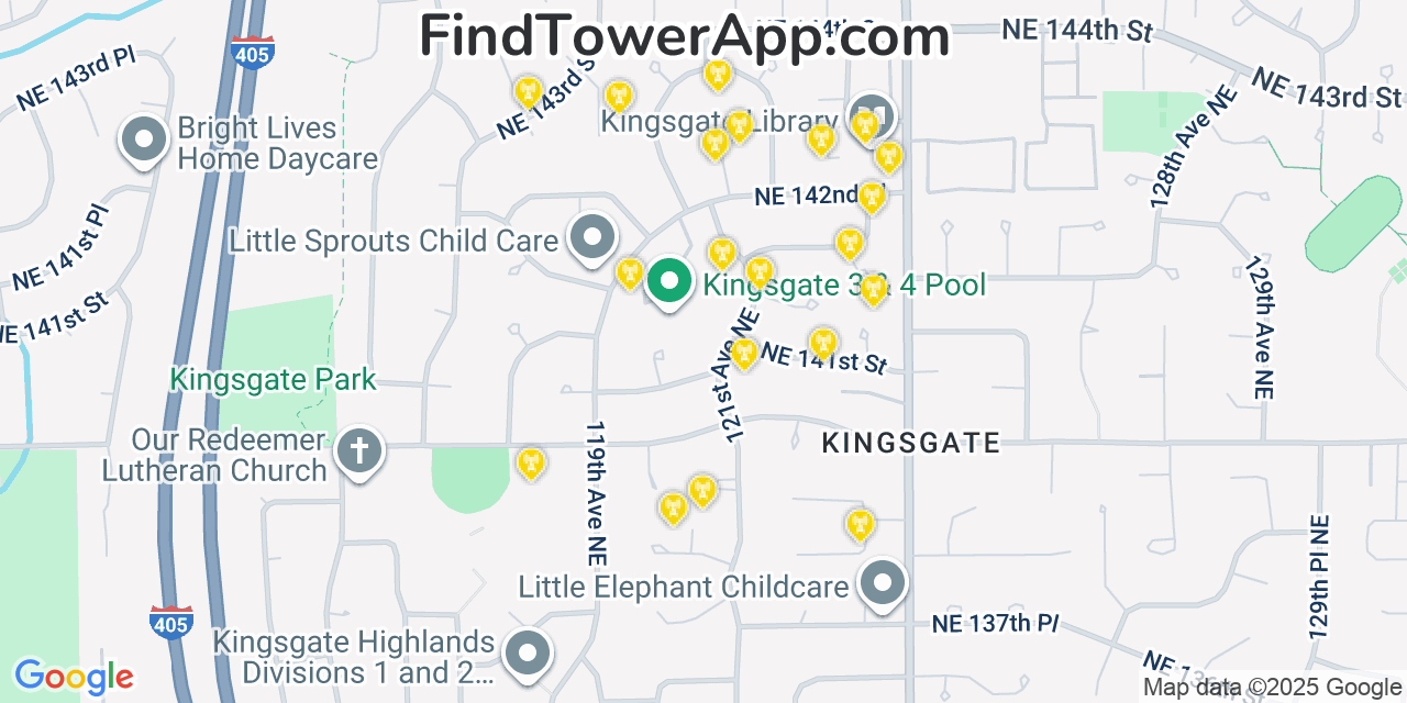 Map showing the 20 primary cell tower locations detected in Kingsgate, Washington from AT&T, Verizon, and T-Mobile networks