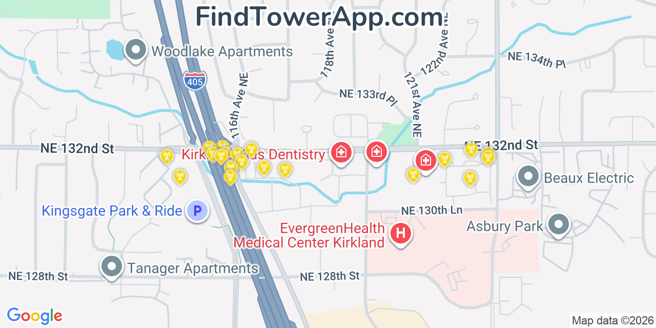 Map showing the 20 primary cell tower locations detected in Kingsgate, Washington from AT&T, Verizon, and T-Mobile networks