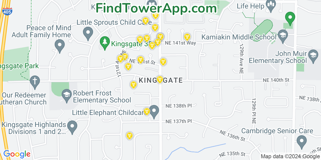 Verizon 4G/5G cell tower coverage map Kingsgate, Washington