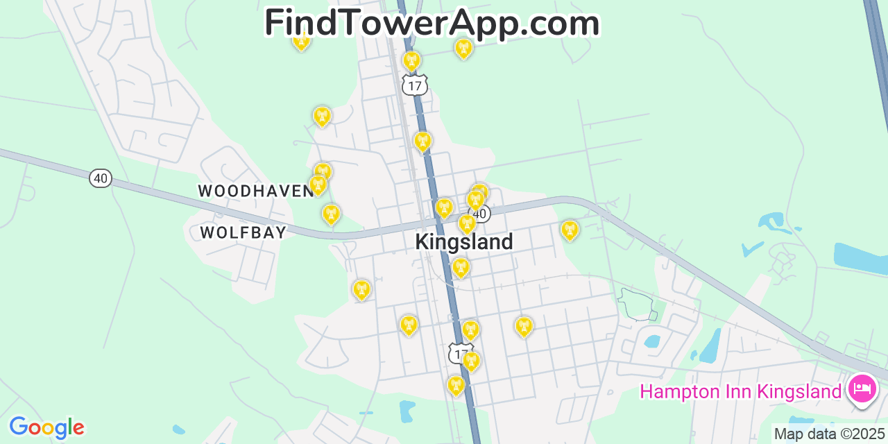 Map showing the 20 primary cell tower locations detected in Kingsland, Georgia from AT&T, Verizon, and T-Mobile networks