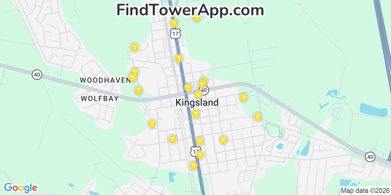 Map showing the 20 primary cell tower locations detected in Kingsland, Georgia from AT&T, Verizon, and T-Mobile networks