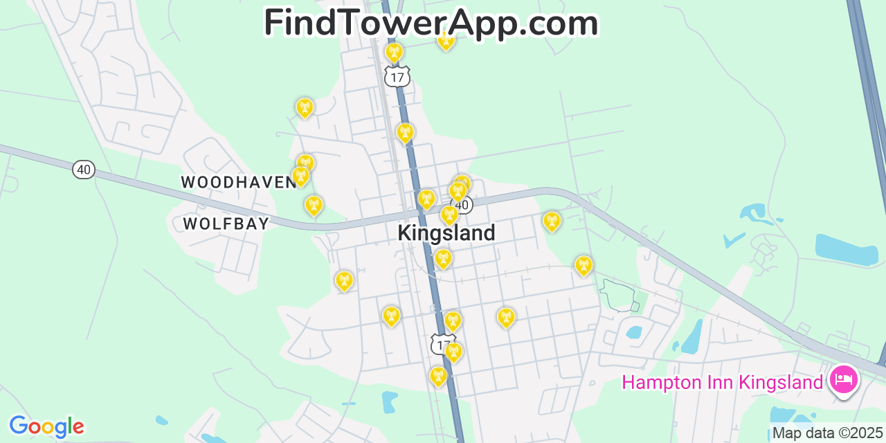 Map showing the 20 primary Mobitel cell tower locations detected in Kingsland, Georgia with coverage radius and signal strength indicators
