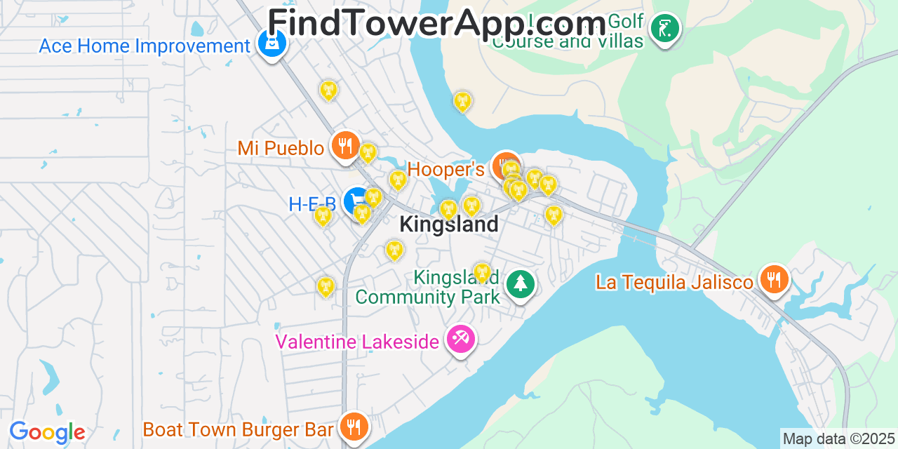 Map showing the 20 primary cell tower locations detected in Kingsland, Texas from AT&T, Verizon, and T-Mobile networks