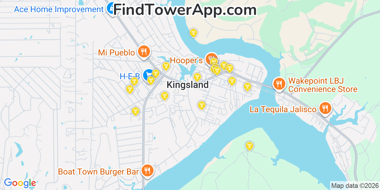 Map showing the 20 primary cell tower locations detected in Kingsland, Texas from AT&T, Verizon, and T-Mobile networks