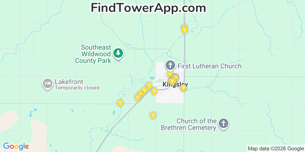 Map showing the 20 primary cell tower locations detected in Kingsley, Iowa from AT&T, Verizon, and T-Mobile networks