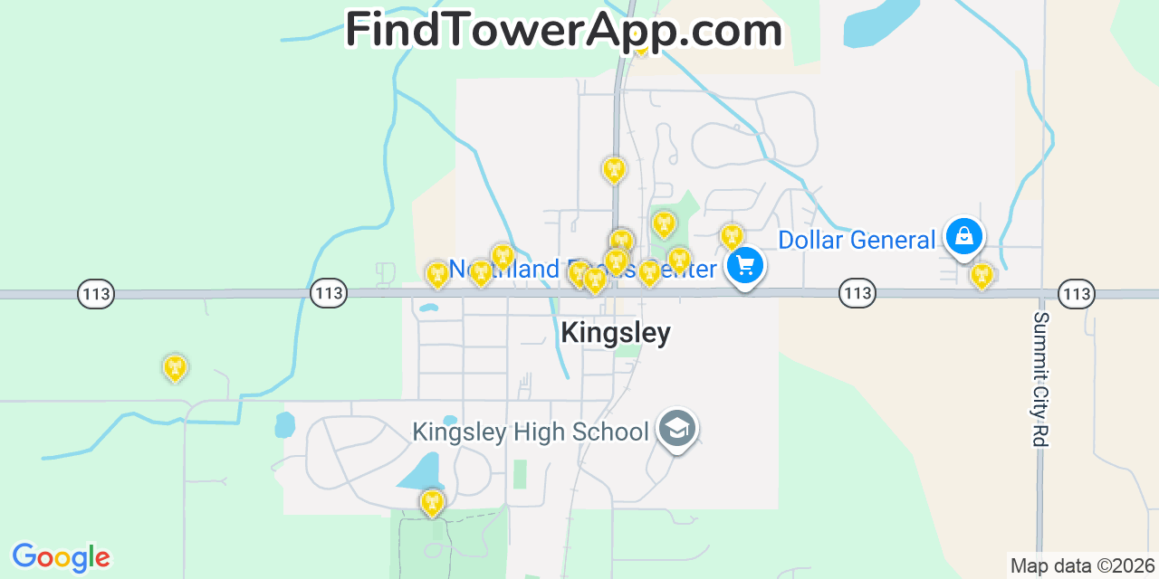 Map showing the 20 primary cell tower locations detected in Kingsley, Michigan from AT&T, Verizon, and T-Mobile networks