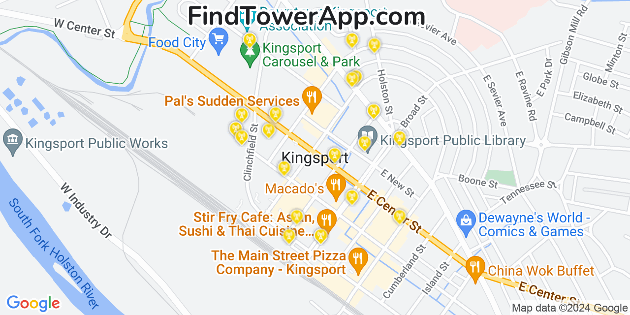 AT&T 4G/5G cell tower coverage map Kingsport, Tennessee