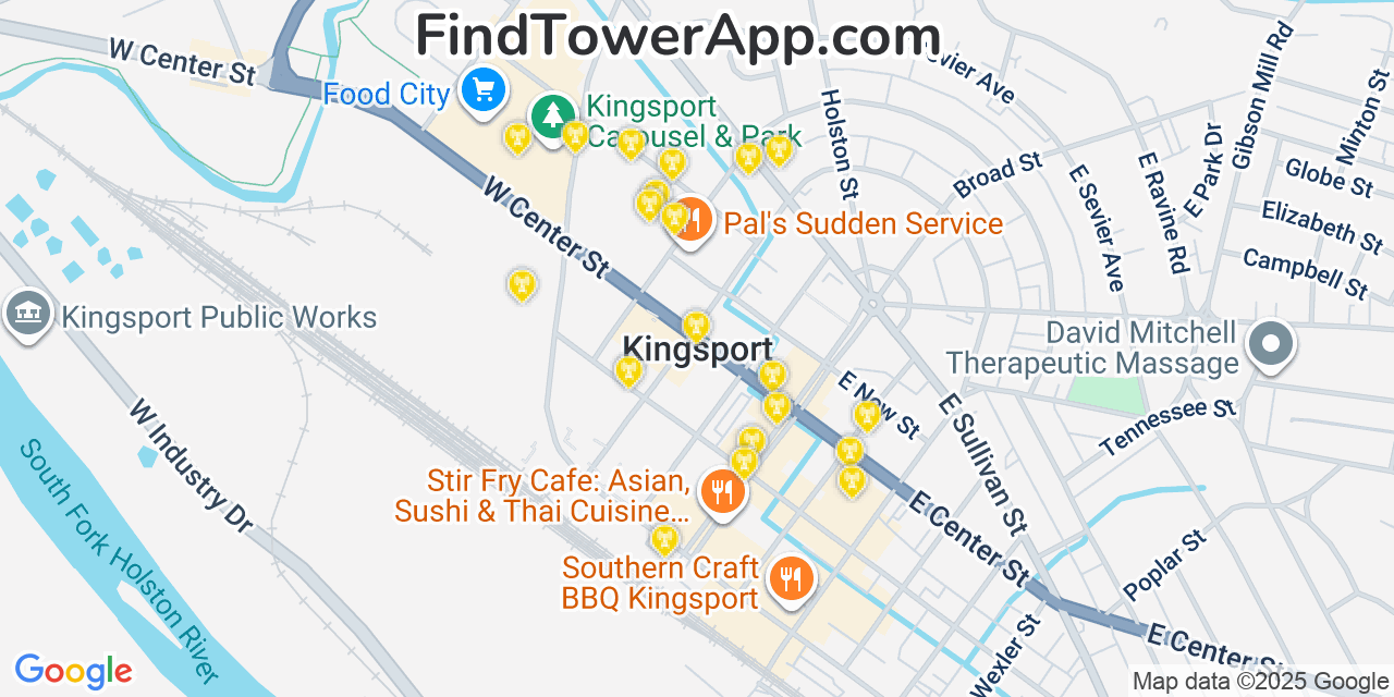 Map showing the 20 primary cell tower locations detected in Kingsport, Tennessee from AT&T, Verizon, and T-Mobile networks