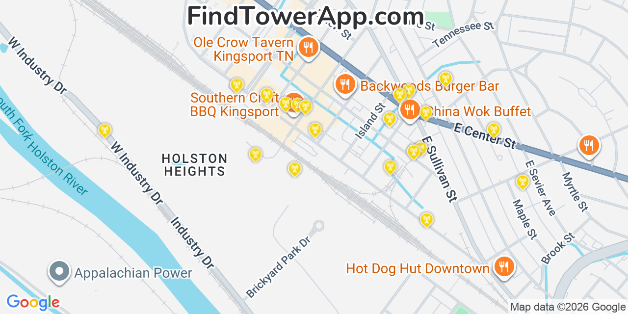 Map showing the 20 primary cell tower locations detected in Kingsport, Tennessee from AT&T, Verizon, and T-Mobile networks