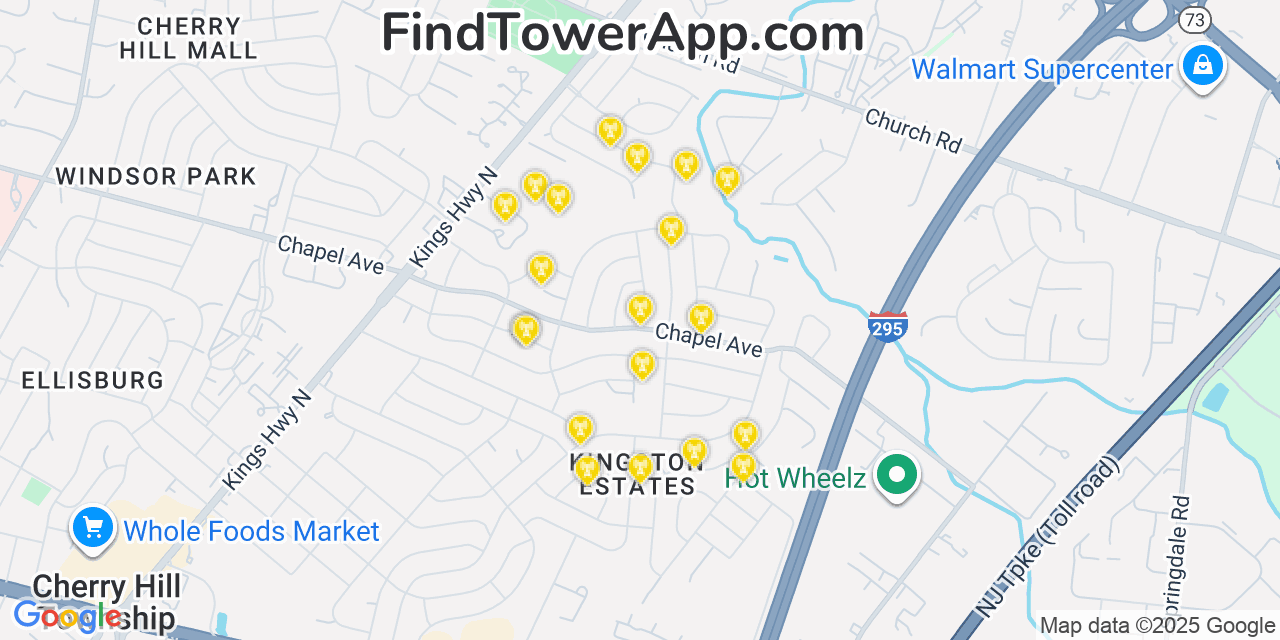 Map showing the 20 primary cell tower locations detected in Kingston Estates, New Jersey from AT&T, Verizon, and T-Mobile networks