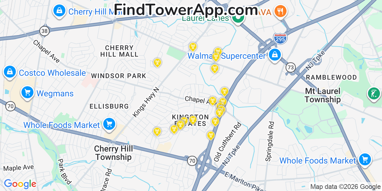 Map showing the 20 primary cell tower locations detected in Kingston Estates, New Jersey from AT&T, Verizon, and T-Mobile networks