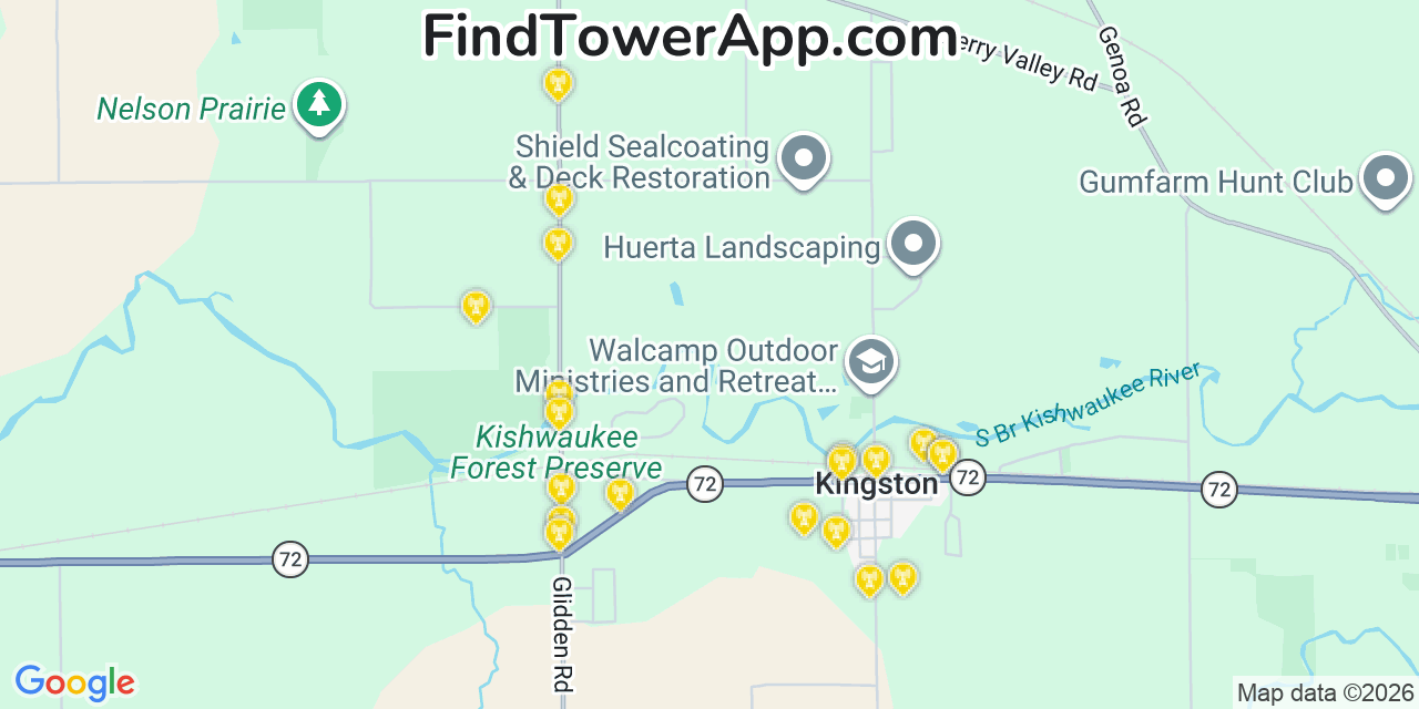Map showing the 20 primary cell tower locations detected in Kingston, Illinois from AT&T, Verizon, and T-Mobile networks