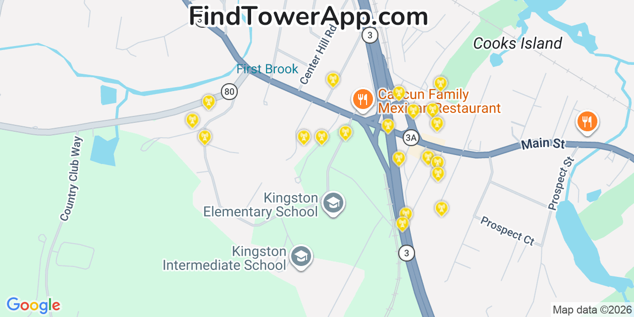 Map showing the 20 primary cell tower locations detected in Kingston, Massachusetts from AT&T, Verizon, and T-Mobile networks