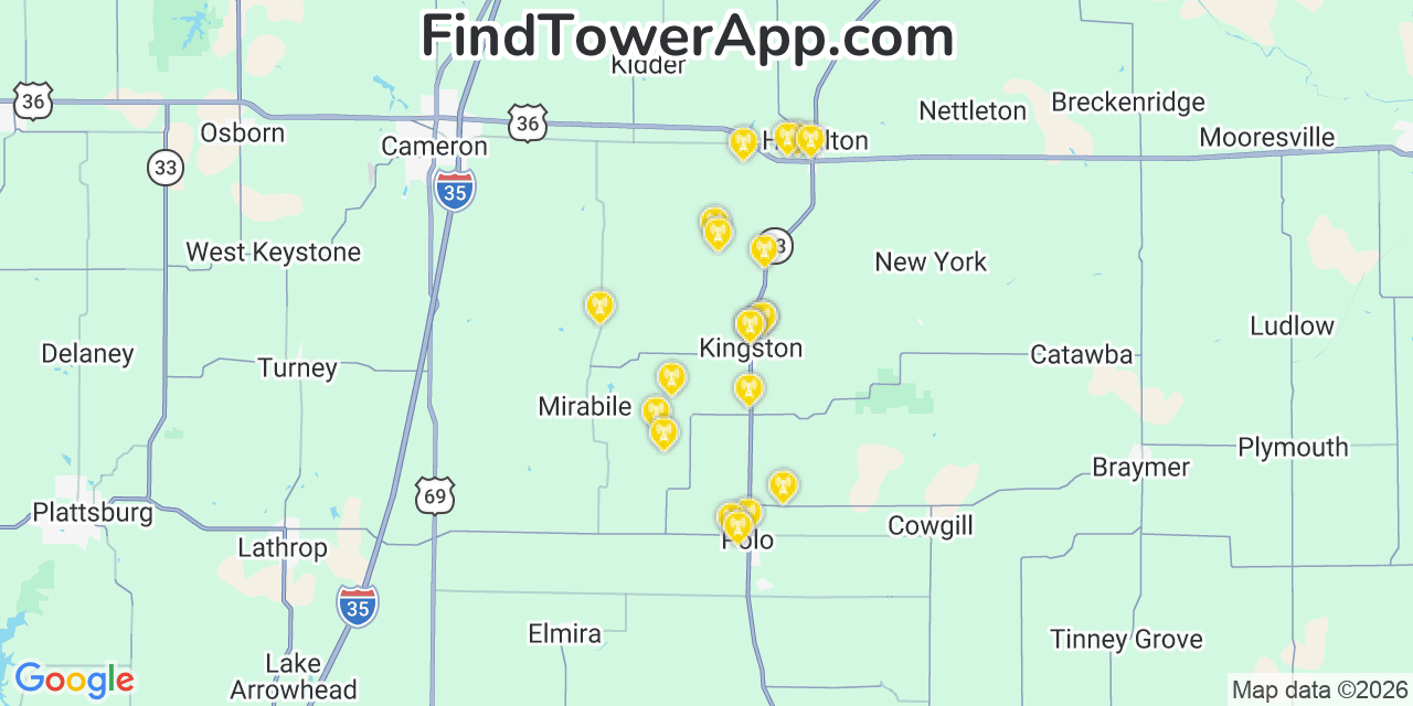 Map showing the 20 primary cell tower locations detected in Kingston, Missouri from AT&T, Verizon, and T-Mobile networks