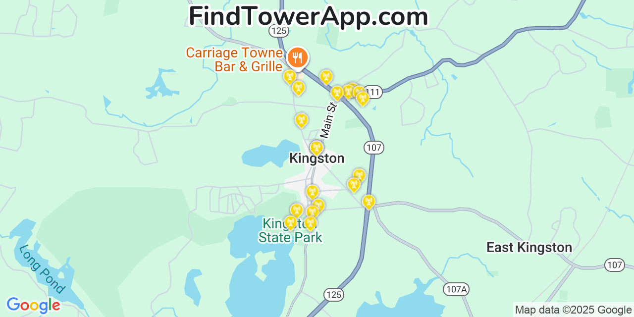 Map showing the 20 primary cell tower locations detected in Kingston, New Hampshire from AT&T, Verizon, and T-Mobile networks