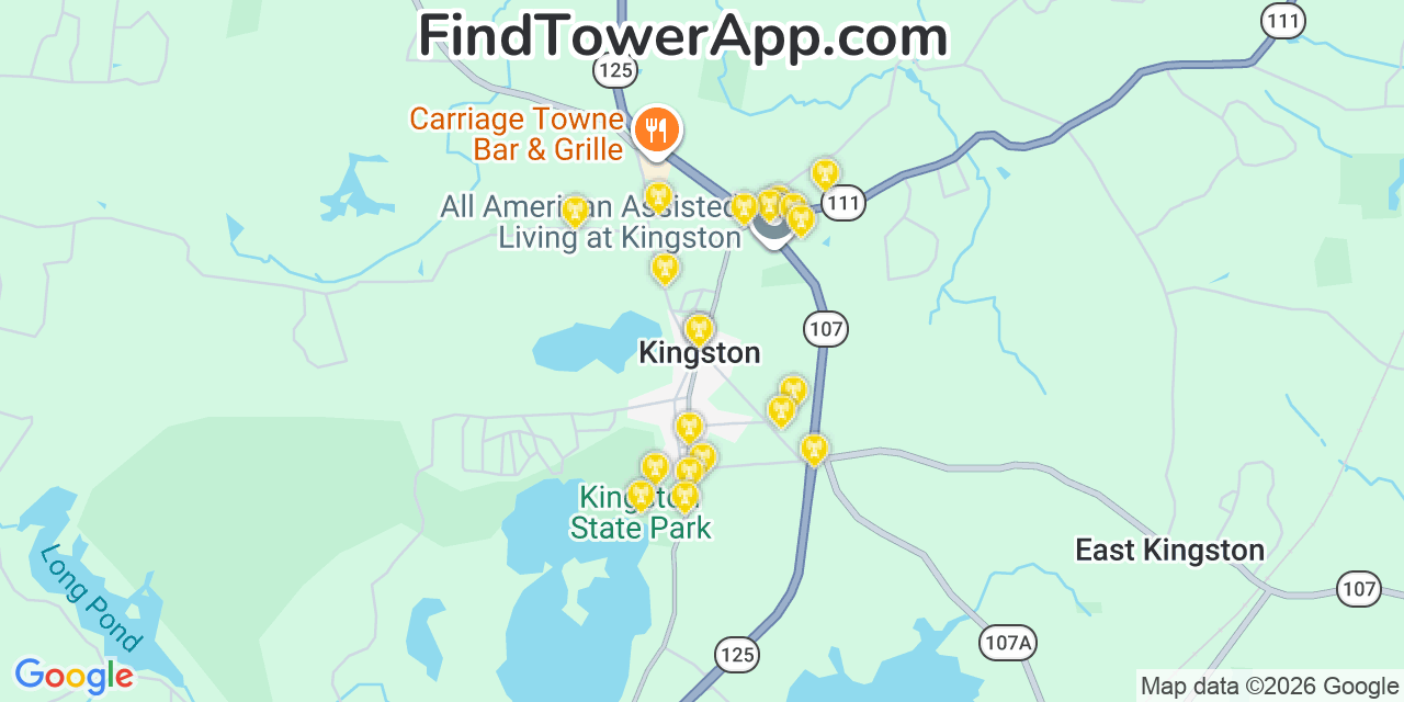 Map showing the 20 primary cell tower locations detected in Kingston, New Hampshire from AT&T, Verizon, and T-Mobile networks